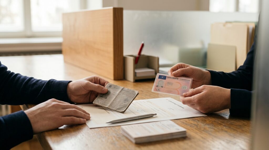 Alter rosa Papierführerschein neben einem neuen Scheckkartenführerschein