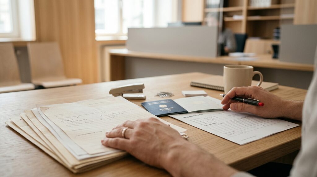 Amtliche Dokumente und Formulare auf einem Schreibtisch in Österreich