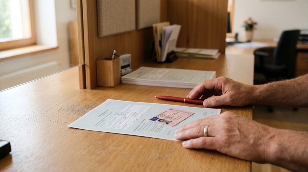 Österreichischer Scheckkartenführerschein neben einem Antragsformular auf einem Tisch