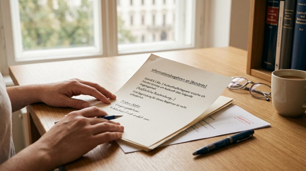 Schriftliches Informationsbegehren an eine Behörde neben einem Aktenordner