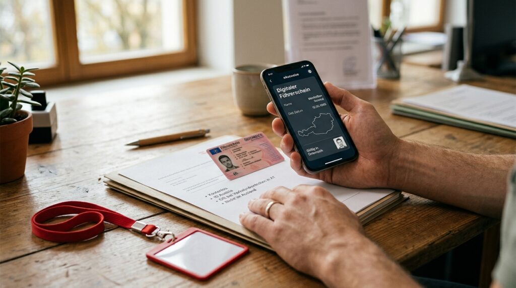 Smartphone mit QR-Code des digitalen Führerscheins in einer Hand