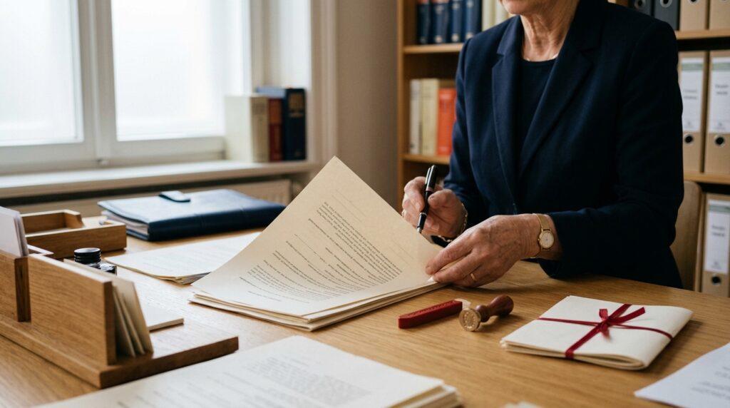 Übersetzte Urkunde mit Rundsiegel und Beglaubigungsklausel auf einem Schreibtisch