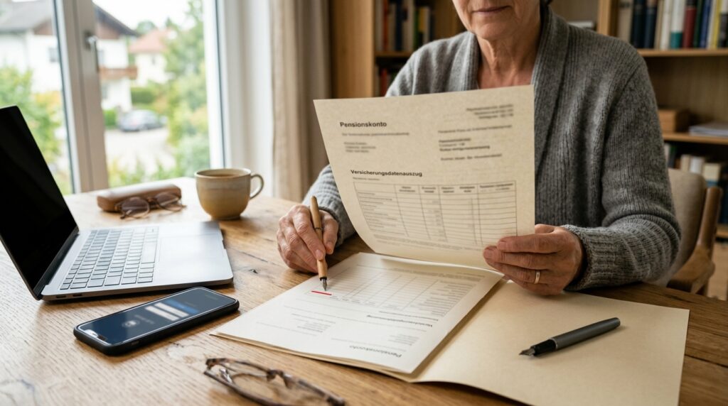 Versicherungsdatenauszug und Pensionskonto am Laptop prüfen